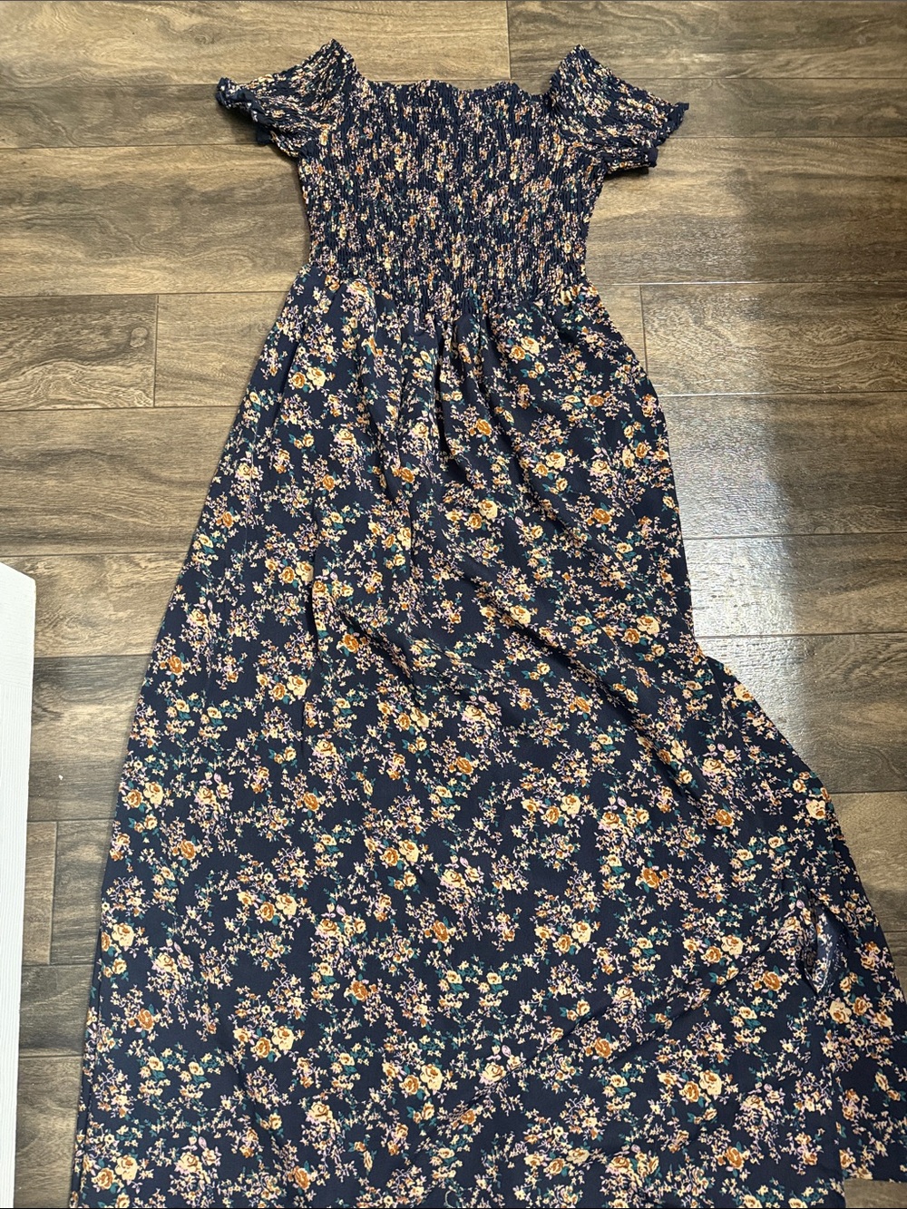 SHEIN Navy Floral Smocked Maxi Dress with Puff Sleeves